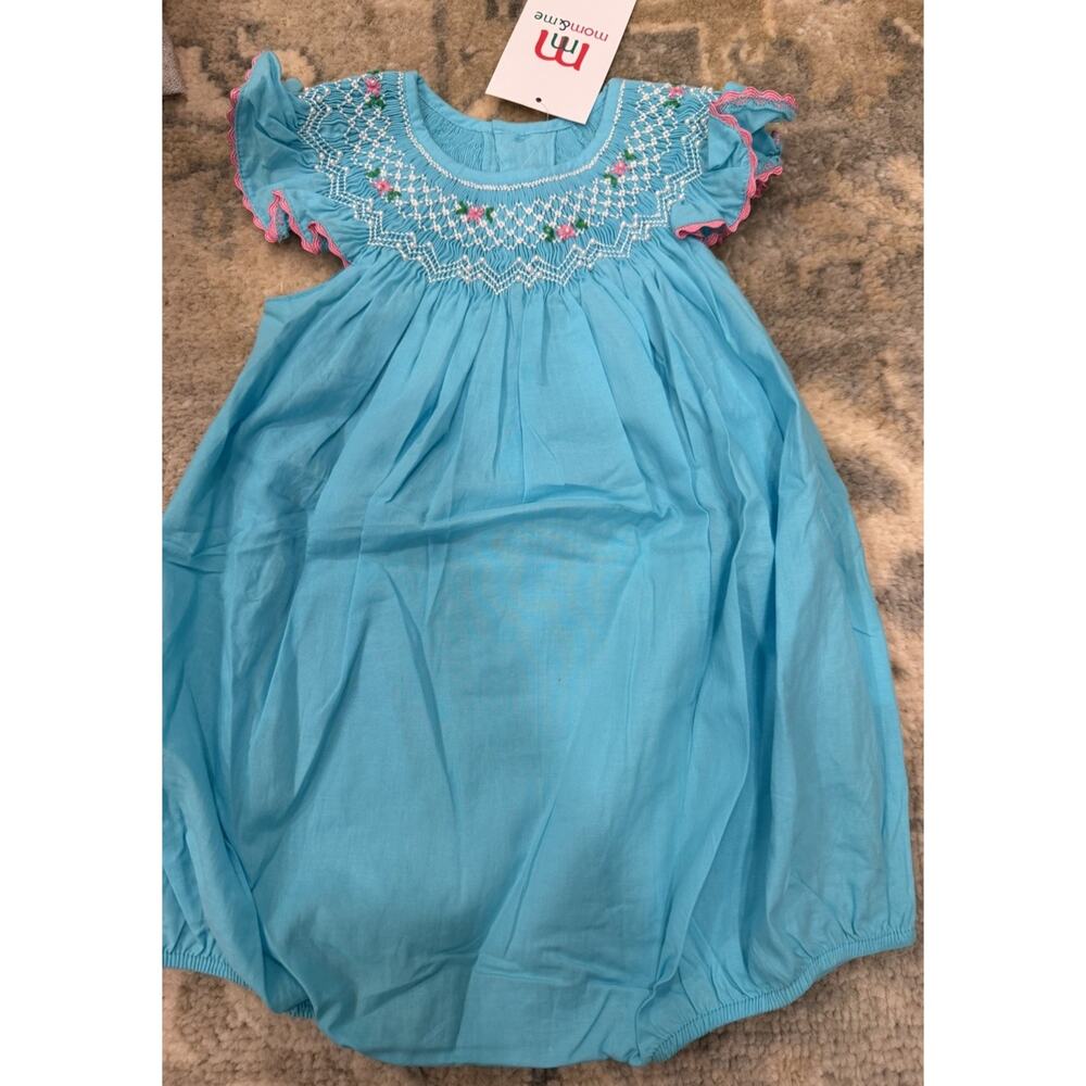 Mom & Me Smocked Bubble Romper Blue 12 months Pearls Ruffle Sleeve Ric Rac NWT